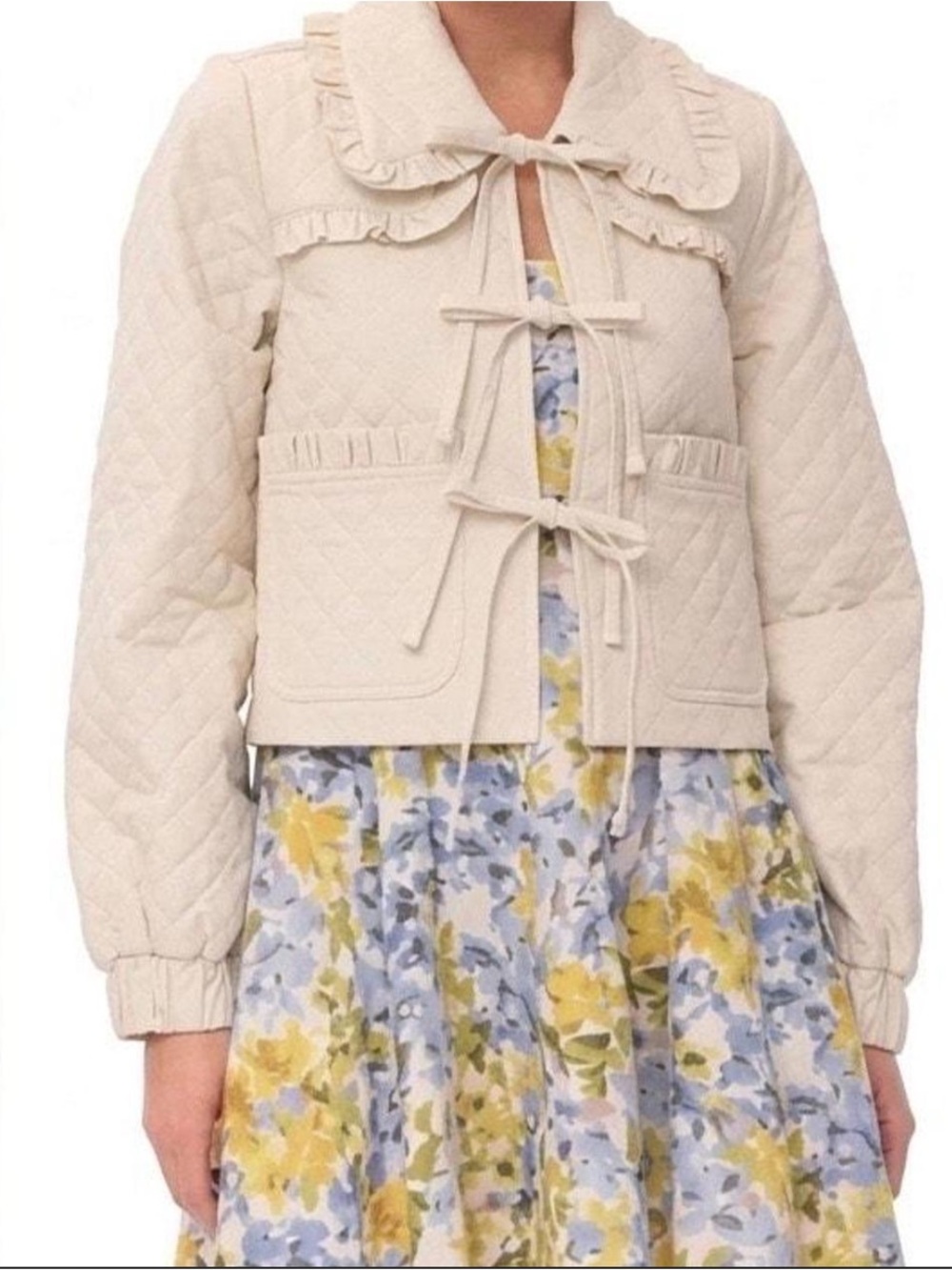 Avec Les Filles Cream Quilted Ruffle-Collar Bomber Jacket